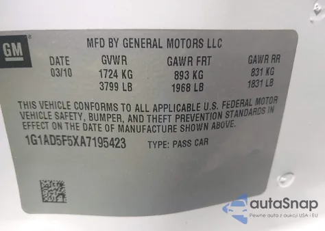 2010 Chevrolet Cobalt Lt из США, поврежденный, VIN 1G1AD5F5XA7195423